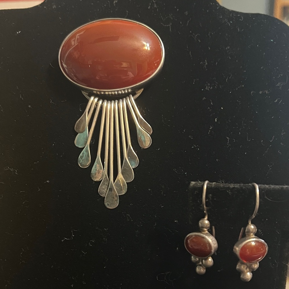 Vintage Carnelian Brooch/Pendant and Earrings - .925 Silver - all signed pieces